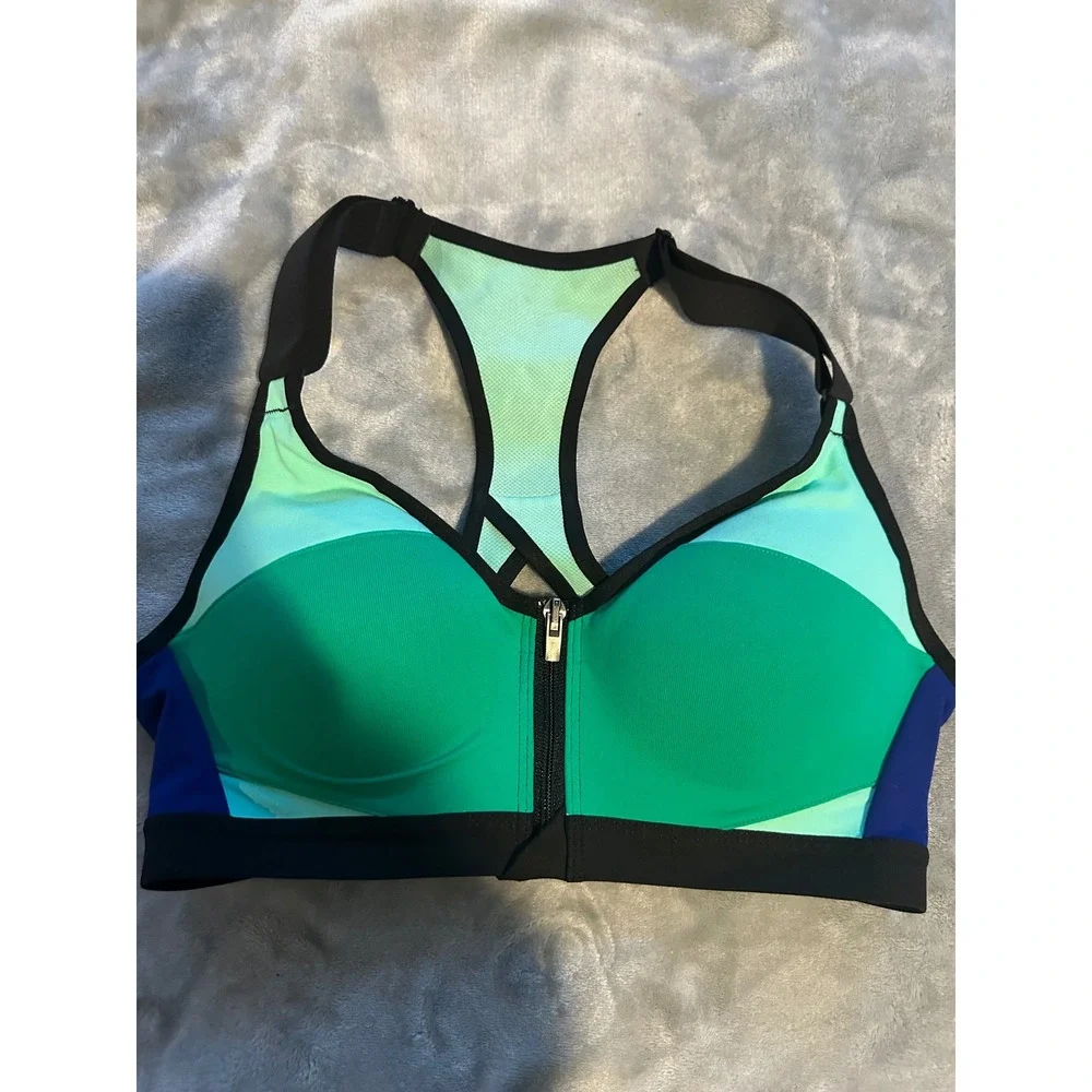 Victoria Sport Sports Bra Womens 34A Front Zip Colorblock Racerback High Impact